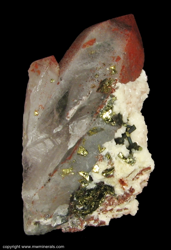 Mineral Specimen: Quartz coated with Hematite with Calcite and Chalcopyrite from Jiu Bao San Mine, Wuhuashan, Jiangxi Province, China