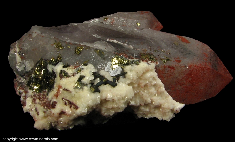 Mineral Specimen: Quartz coated with Hematite with Calcite and Chalcopyrite from Jiu Bao San Mine, Wuhuashan, Jiangxi Province, China