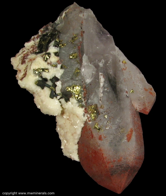 Mineral Specimen: Quartz coated with Hematite with Calcite and Chalcopyrite from Jiu Bao San Mine, Wuhuashan, Jiangxi Province, China