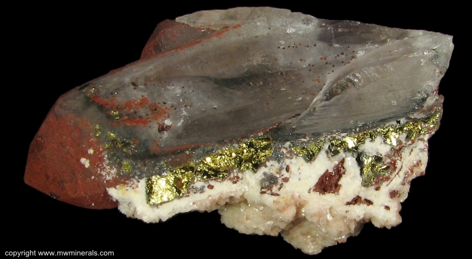 Mineral Specimen: Quartz coated with Hematite with Calcite and Chalcopyrite from Jiu Bao San Mine, Wuhuashan, Jiangxi Province, China
