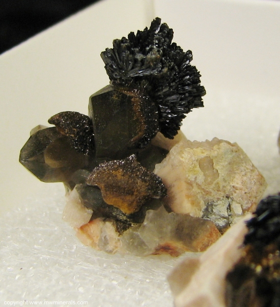 Mineral Specimen: Goethite on Smoky Quartz on Microcline from Lake George, Park Co., Colorado, USA