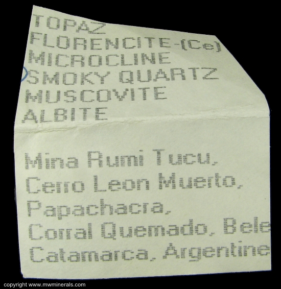 Mineral Specimen: Florencite-(Ce), Topaz, Smoky Quartz, Microcline, Muscovite from Rumi Tucu mine, Cerro Leon Muerto, El Portezuelo Granite, Papachacra, Belen Department, Catamarca, Argentina